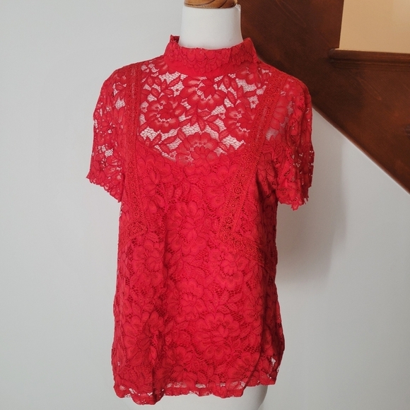 Laundry Lace Red Blouse Size S Short Sleeves - Picture 4 of 7